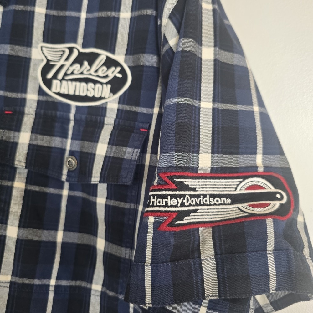 Harley Davidson Navy Multi-Patch Plaid Mechanic Short Sleeve Shirt Slim 2XL.D131 - Picture 11 of 13